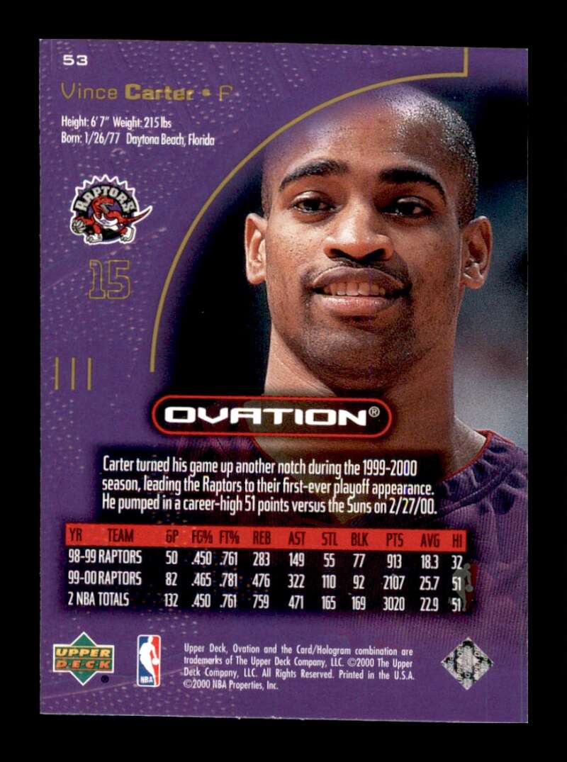 Load image into Gallery viewer, 2000-01 Upper Deck Ovation Vince Carter #53 Image 2
