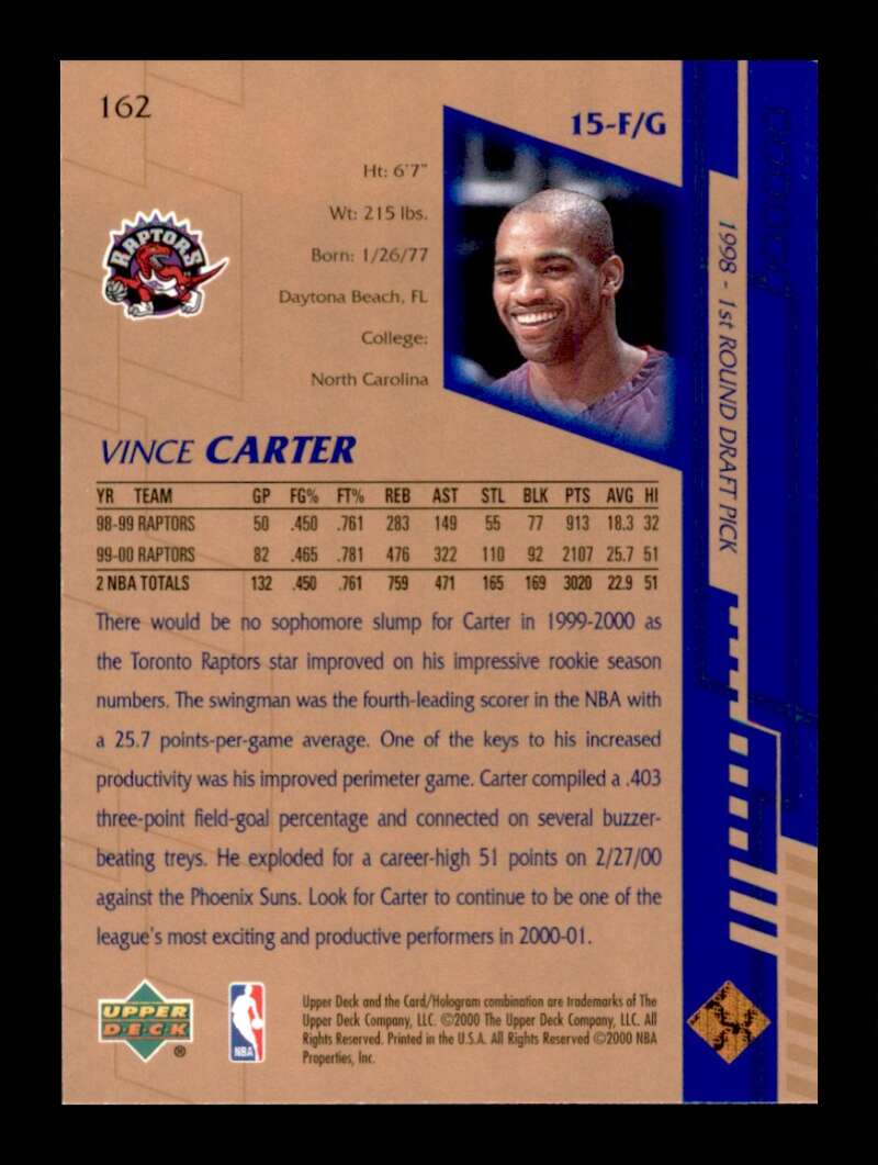 Load image into Gallery viewer, 2000-01 Upper Deck Vince Carter #162 Image 2
