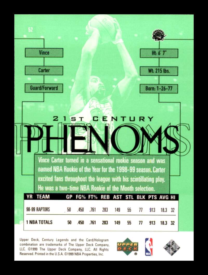 Load image into Gallery viewer, 1999-00 Upper Deck Century Legends Phenoms Vince Carter #52 Image 2
