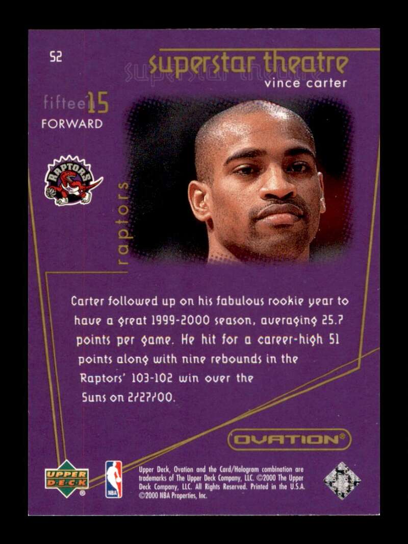 Load image into Gallery viewer, 2000-01 Upper Deck Ovation Superstar Theatre Vince Carter #52 Image 2
