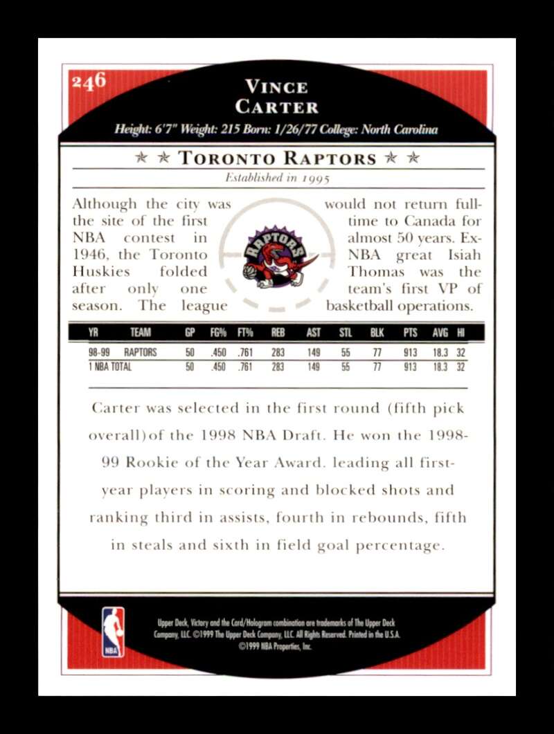 Load image into Gallery viewer, 1999-00 Upper Deck Victory Vince Carter #246 Image 2
