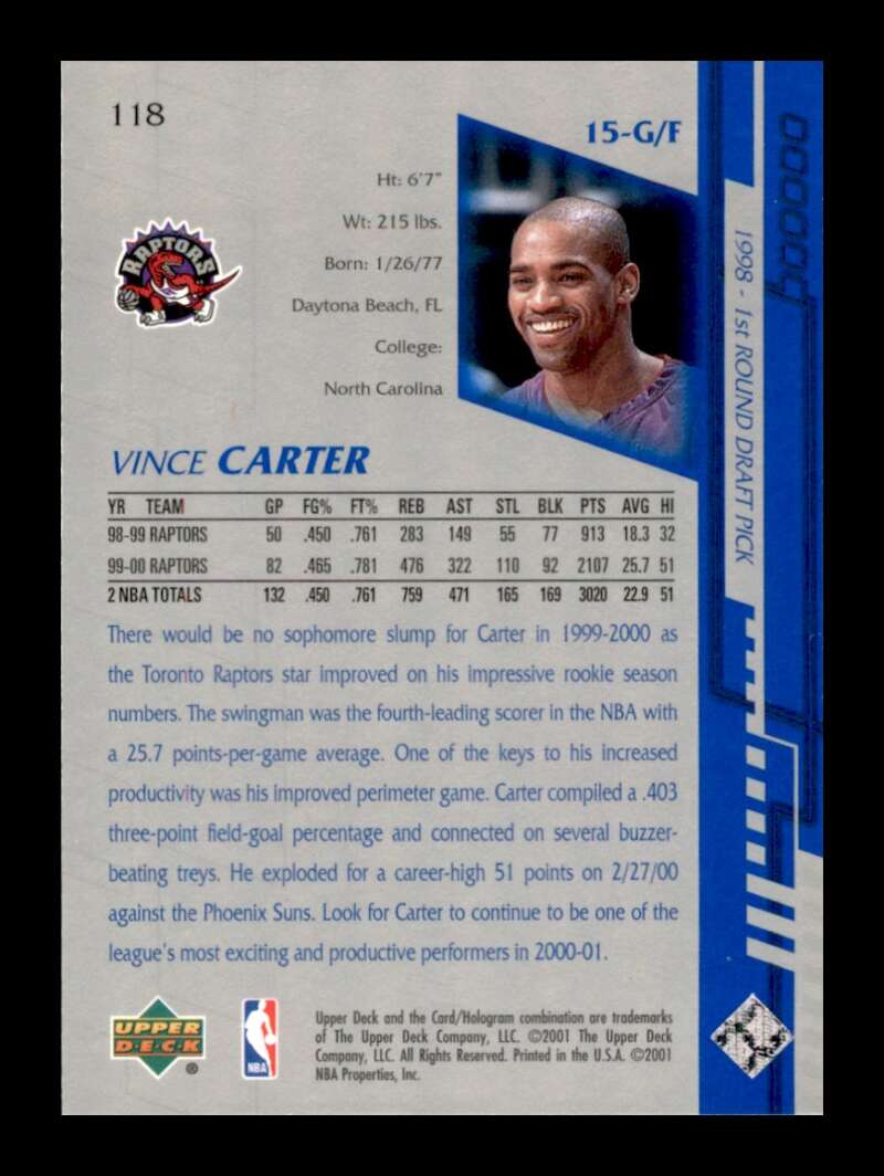 Load image into Gallery viewer, 2000-01 Upper Deck Encore Vince Carter #118 Image 2
