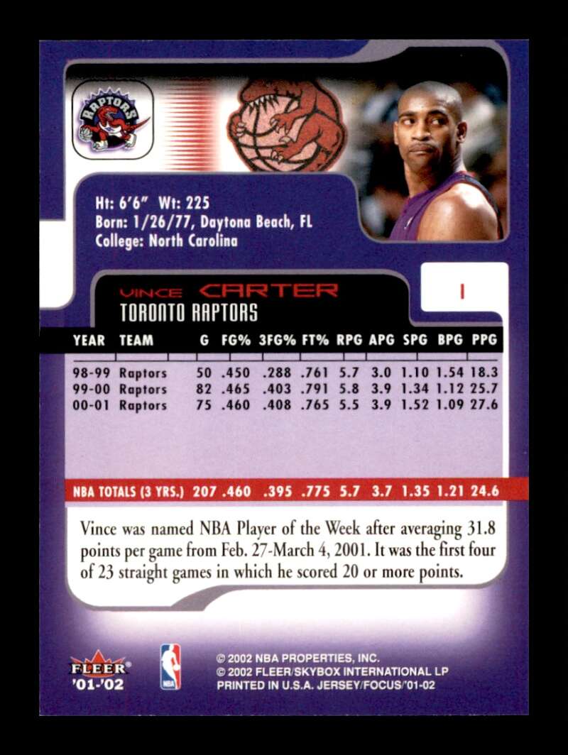 Load image into Gallery viewer, 2001-02 Fleer Focus Jersey Edition Vince Carter #1 Image 2
