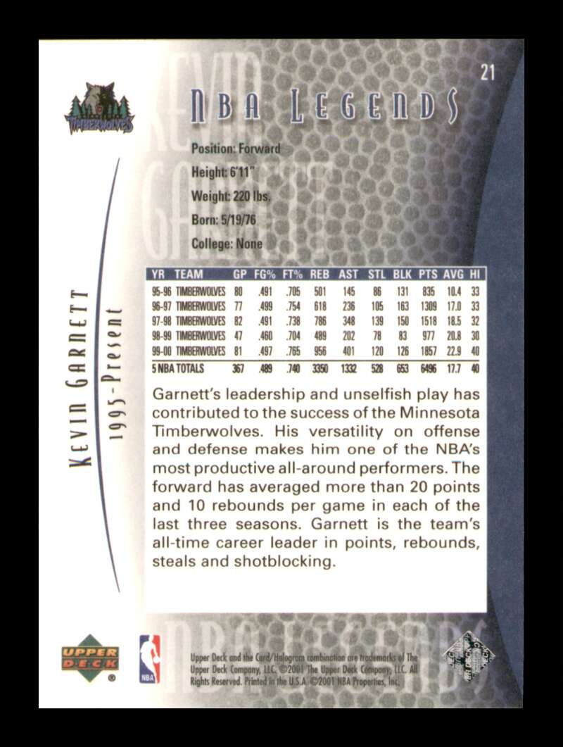 Load image into Gallery viewer, 2001-02 Upper Deck Legends Kevin Garnett #21 Image 2
