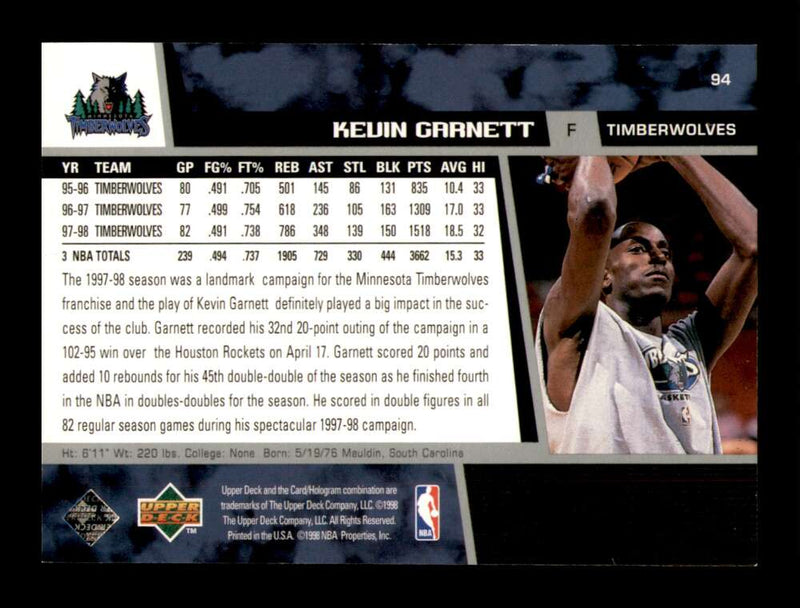 Load image into Gallery viewer, 1998-99 Upper Deck Game Dated Kevin Garnett #94 Image 2
