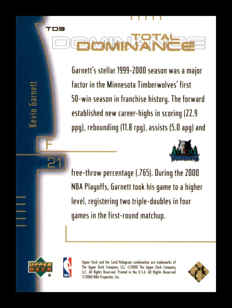 Load image into Gallery viewer, 2000-01 Upper Deck Total Dominance Kevin Garnett #TD3 Image 2
