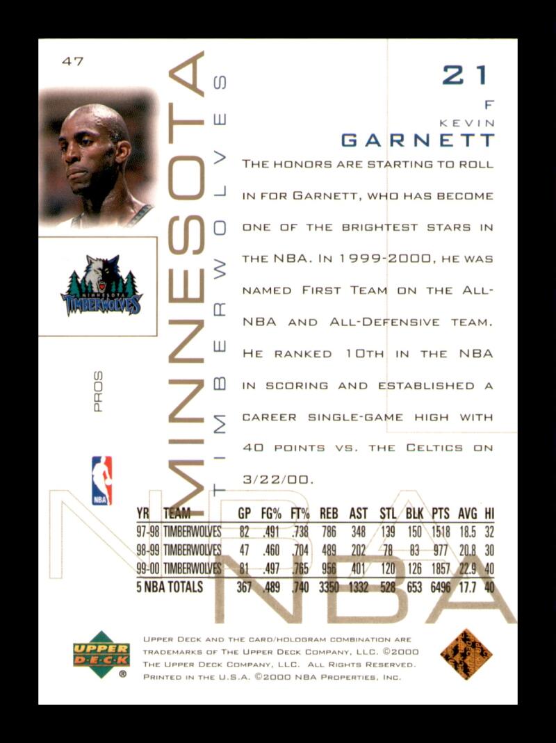 Load image into Gallery viewer, 2000-01 Upper Deck Pros &amp; Prospects Kevin Garnett #47 Image 2
