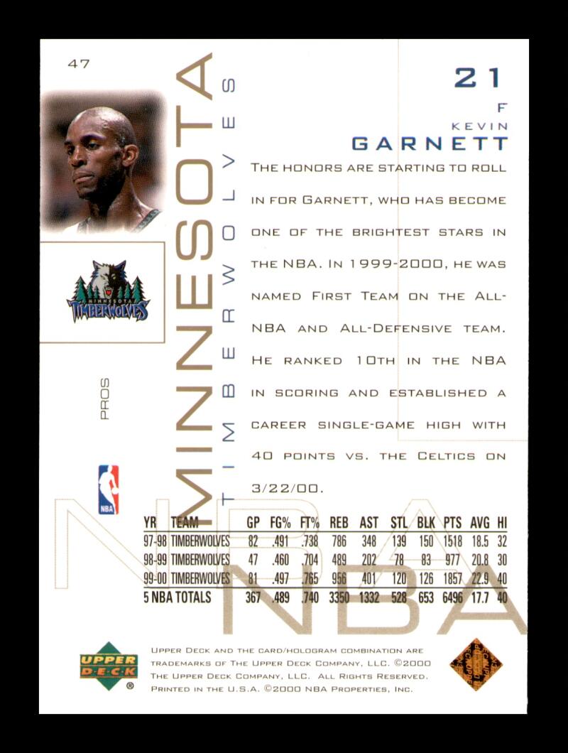 Load image into Gallery viewer, 2000-01 Upper Deck Pros &amp; Prospects Kevin Garnett #47 Image 2
