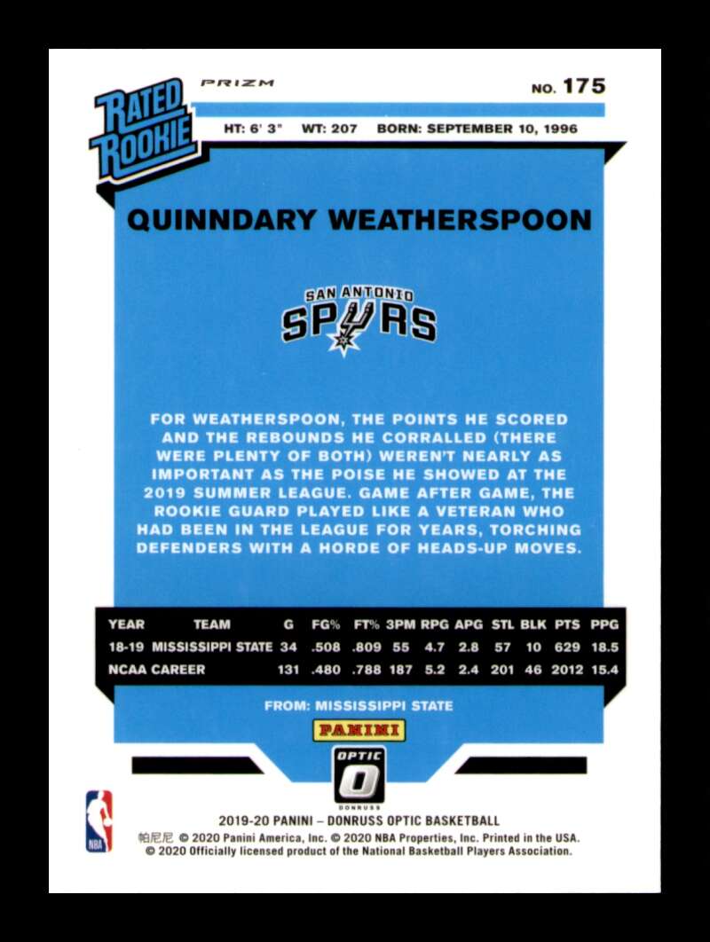 Load image into Gallery viewer, 2019-20 Donruss Optic Blue Velocity Prizm Quinndary Weatherspoon #175 Rookie RC  Image 2
