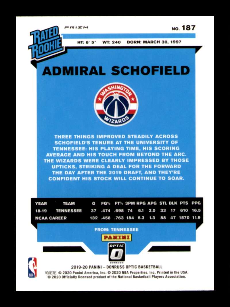 Load image into Gallery viewer, 2019-20 Donruss Optic Blue Velocity Prizm Admiral Schofield #187 Rookie RC Image 2
