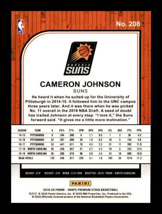 2019-20 Panini Hoops Premium Stock Cameron Johnson 