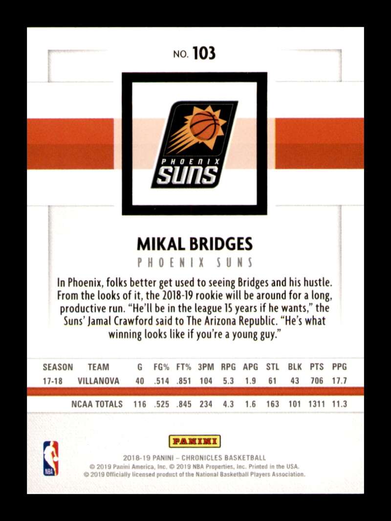 Load image into Gallery viewer, 2018-19 Panini Chronicles Mikal Bridges #103 Rookie RC Image 2
