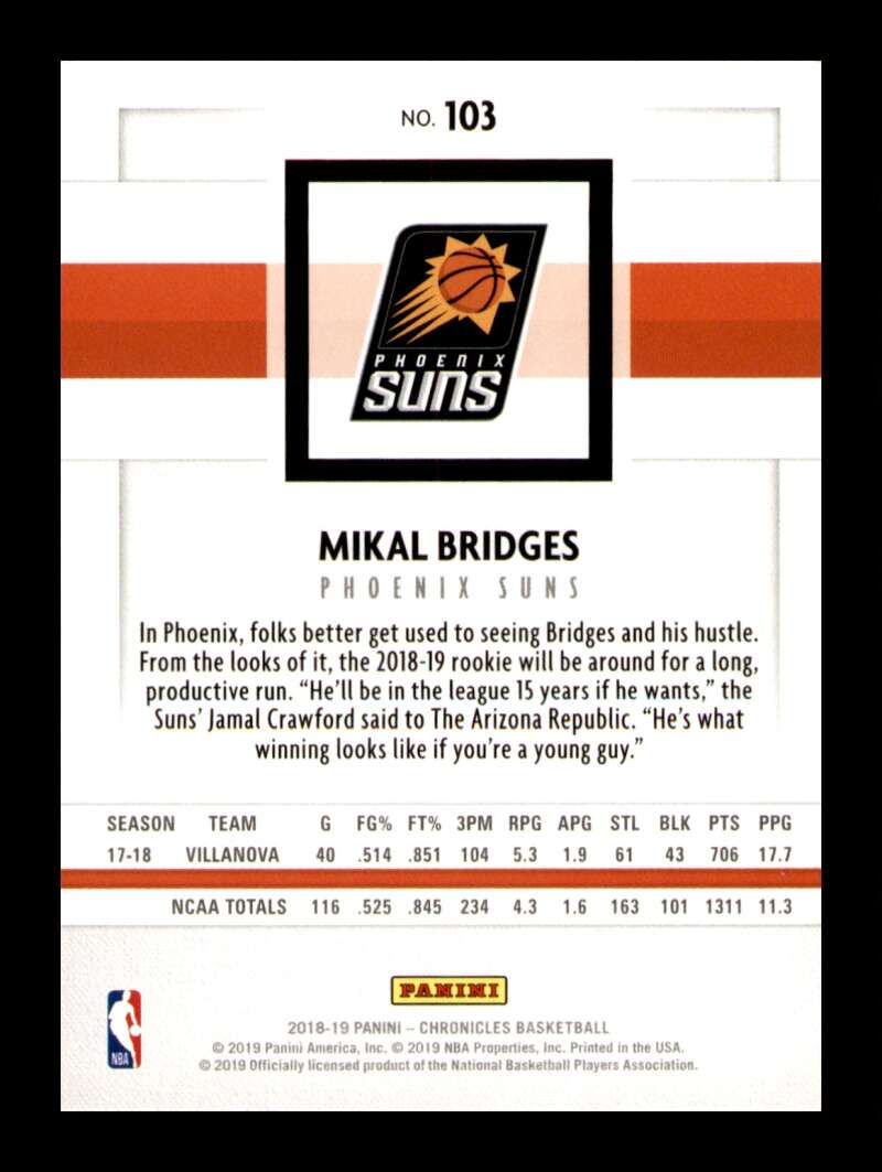 Load image into Gallery viewer, 2018-19 Panini Chronicles Mikal Bridges #103 Rookie RC Image 2
