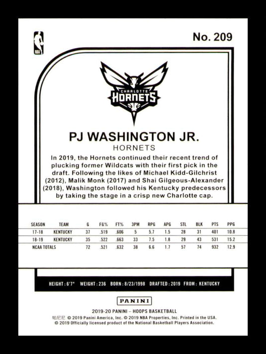 2019-20 Panini Hoops PJ Washington Jr. 