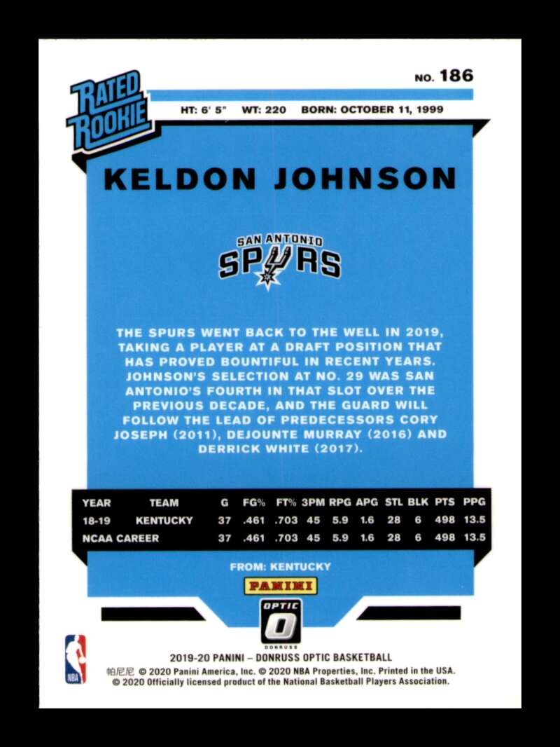 Load image into Gallery viewer, 2019-20 Donruss Optic Keldon Johnson #186 Rookie RC Image 2
