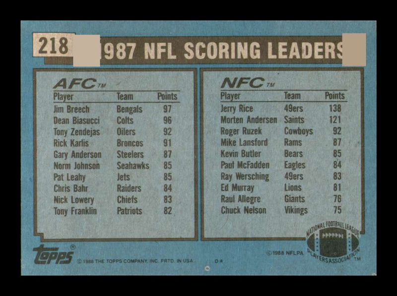 Load image into Gallery viewer, 1988 Topps Scoring Leaders Jim Breech Jerry Rice #218 Set Break Image 2
