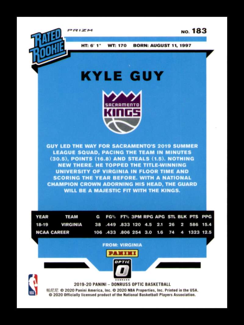 Load image into Gallery viewer, 2019-20 Donruss Optic Blue Velocity Prizm Kyle Guy #183 Rookie RC Image 2
