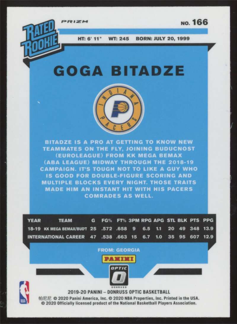 Load image into Gallery viewer, 2019-20 Donruss Optic Blue Velocity Prizm Goga Bitadze #166 Rookie RC Image 2
