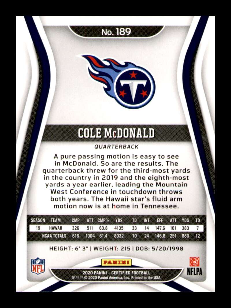 Load image into Gallery viewer, 2020 Panini Certified Cole McDonald #189 Rookie RC SP /399 Image 2
