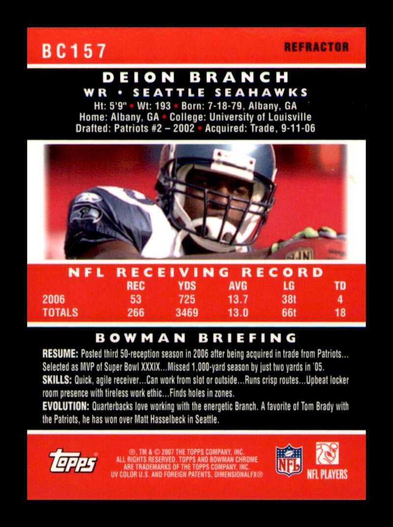 Load image into Gallery viewer, 2007 Bowman Chrome Refractor Deion Branch #BC157 Short Print SP Image 2
