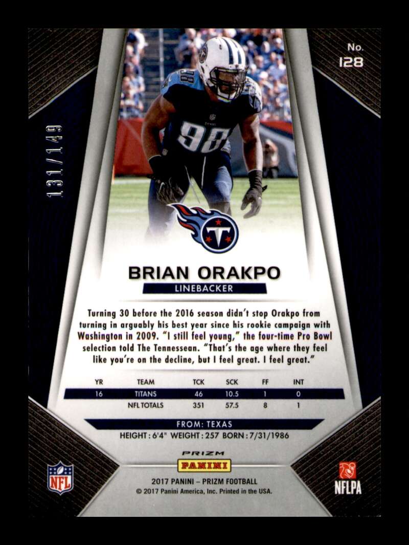 Load image into Gallery viewer, 2017 Panini Prizm Blue Wave Prizm Brian Orakpo #128 Short Print SP /149 Image 2
