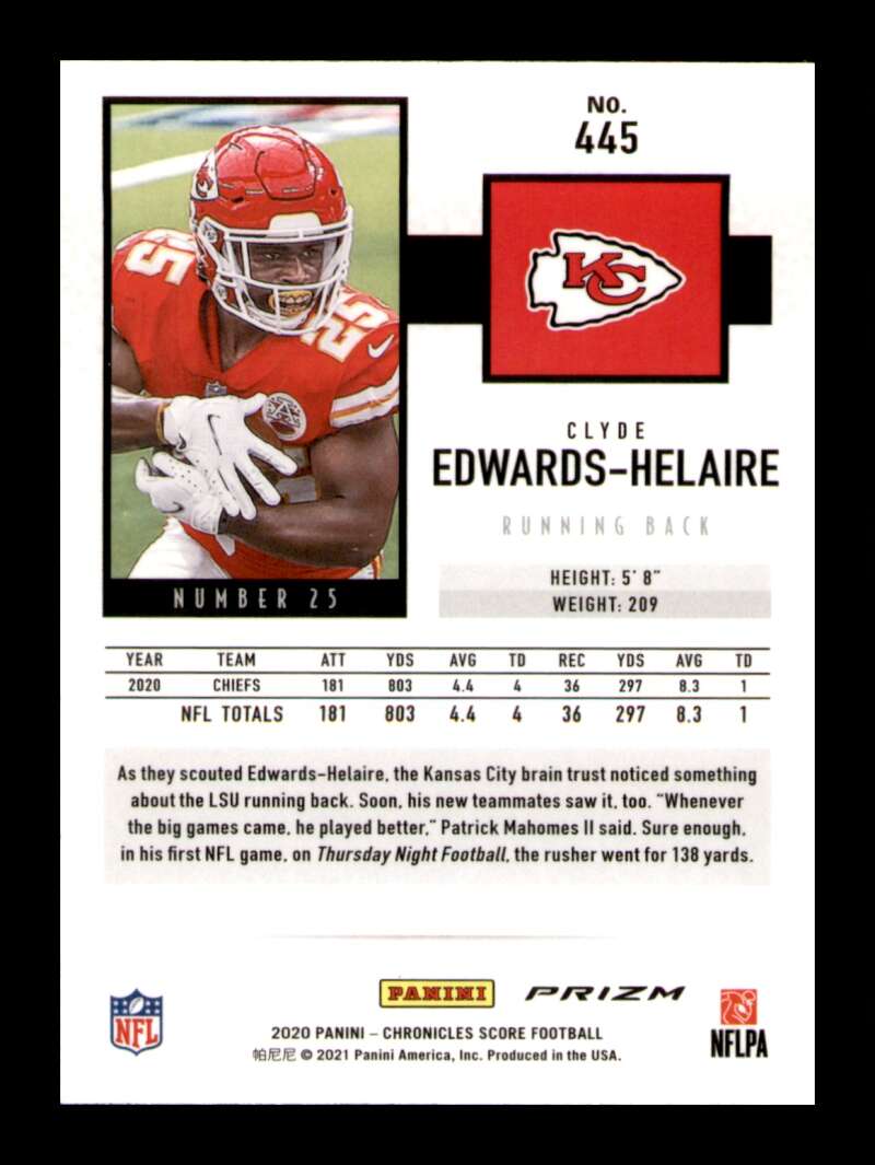 Load image into Gallery viewer, 2020 Panini Chronicles Score Silver Prizm Clyde Edwards-Helaire #445 Rookie SP Image 2
