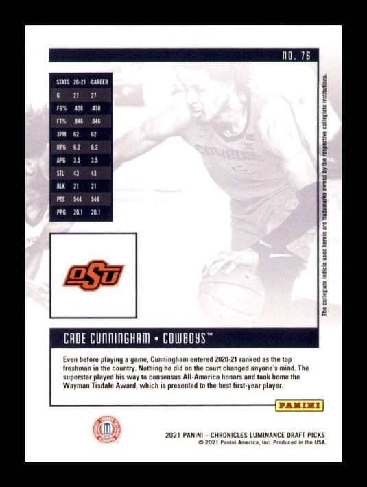 2021-22 Panini Chronicles Draft Luminance Cade Cunningham 