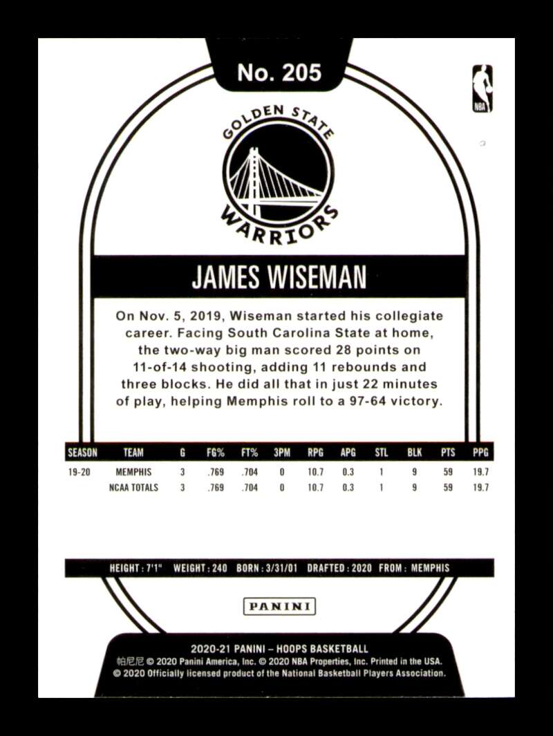 Load image into Gallery viewer, 2020-21 Panini Hoops James Wiseman #205 Rookie RC Image 2
