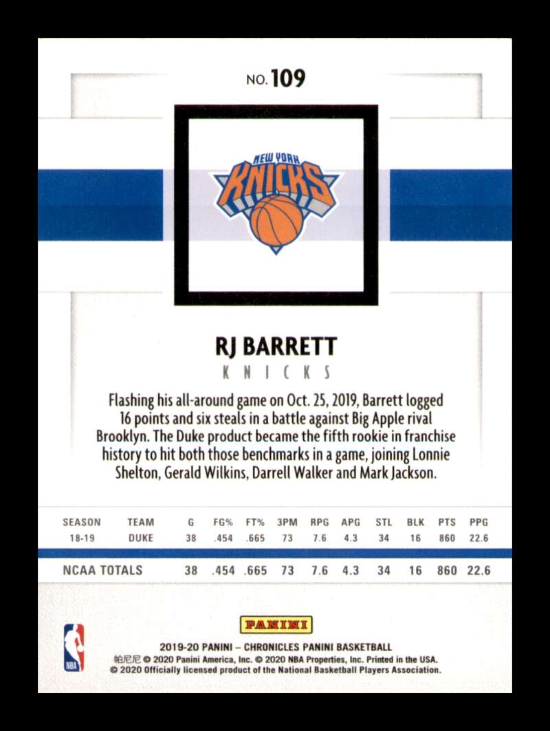 Load image into Gallery viewer, 2019-20 Panini Chronicles RJ Barrett #109 Rookie RC Image 2
