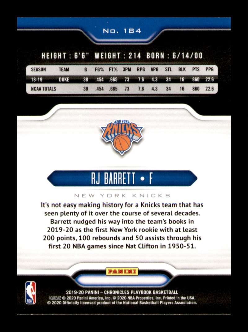 Load image into Gallery viewer, 2019-20 Panini Chronicles Playbook RJ Barrett #184 Rookie RC Image 2
