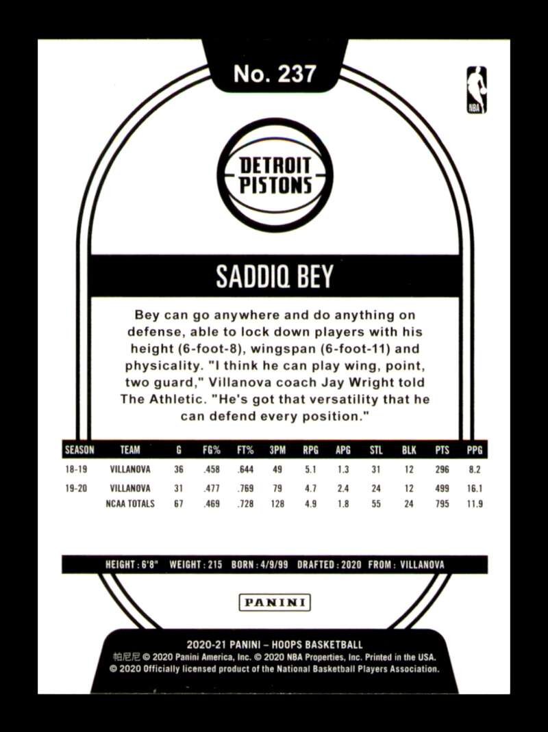 Load image into Gallery viewer, 2020-21 Panini Hoops Saddiq Bey #237 Rookie RC Image 2
