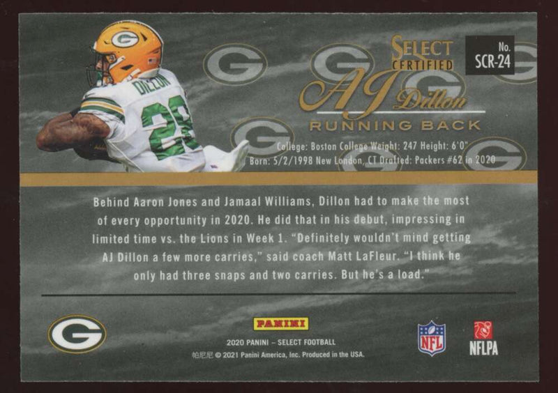 Load image into Gallery viewer, 2020 Panini Select Certified A.J. Dillon #SCR-24 Rookie RC Image 2
