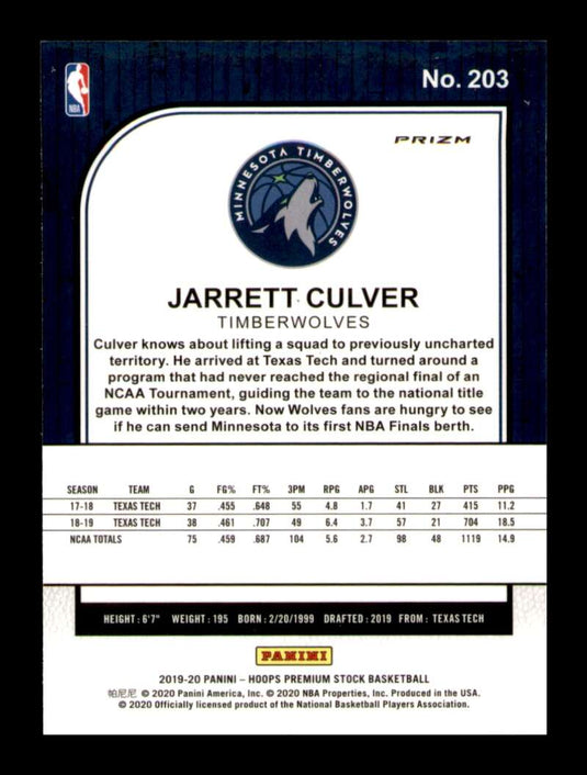 2019-20 Panini Hoops Premium Stock Silver Prizm Jarrett Culver 