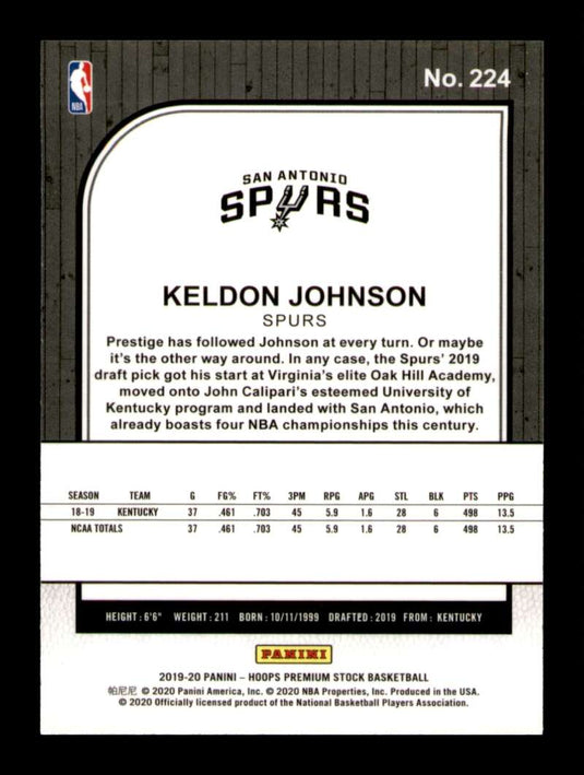 2019-20 Panini Hoops Premium Stock Keldon Johnson 