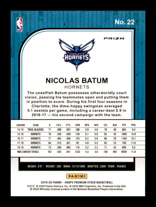 2019-20 Panini Hoops Premium Stock Green Prizm Nicolas Batum 