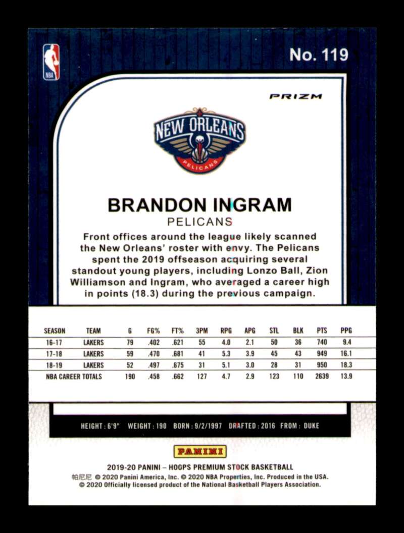 Load image into Gallery viewer, 2019-20 Panini Hoops Premium Stock Purple Disco Prizm Brandon Ingram #119 Image 2
