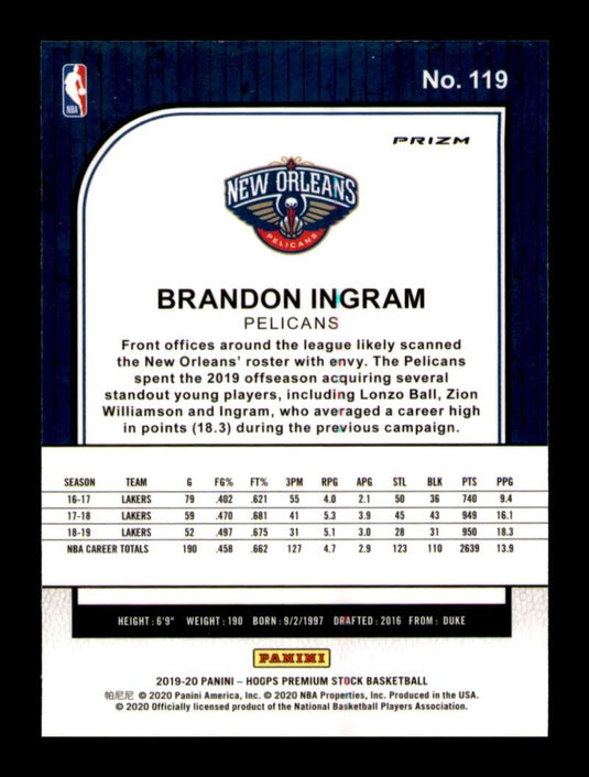 2019-20 Panini Hoops Premium Stock Purple Disco Prizm Brandon Ingram 