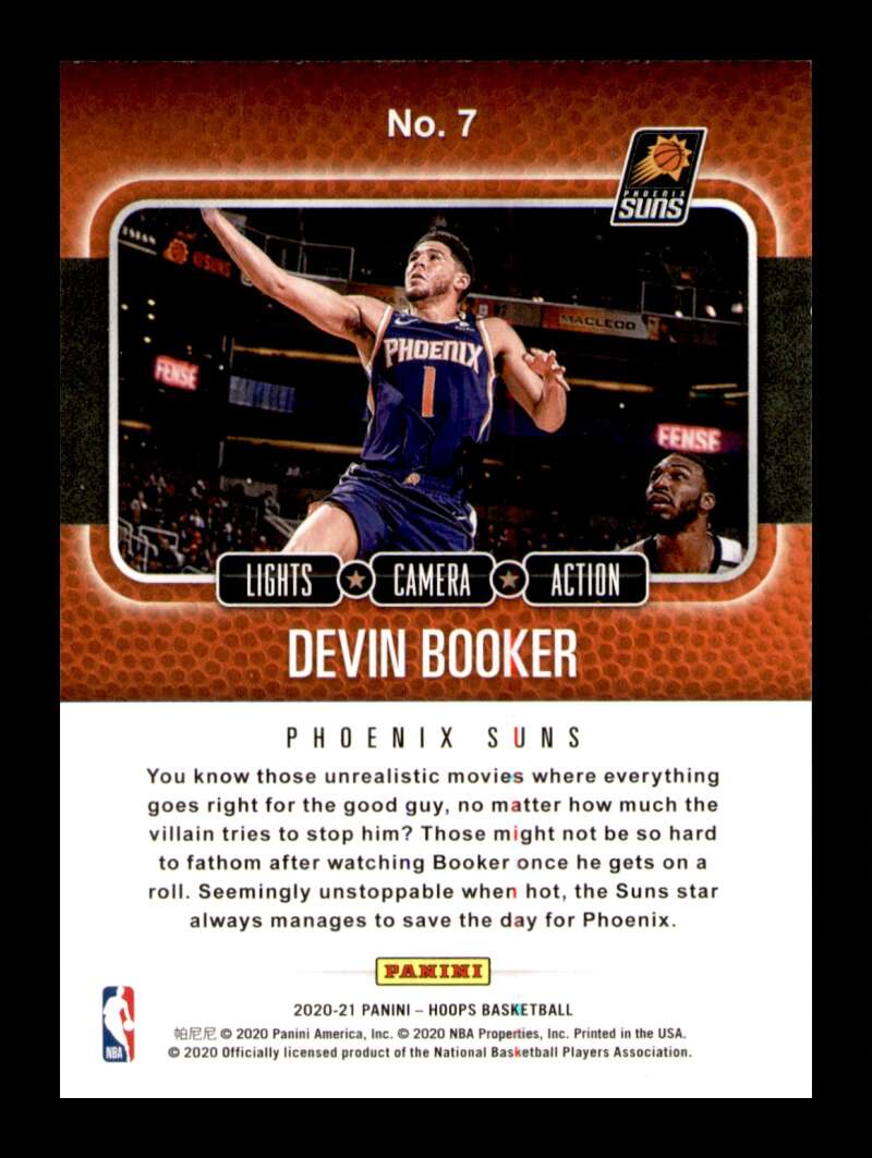 Load image into Gallery viewer, 2020-21 Panini Hoops Lights Camera Action Purple Explosion Devin Booker #7 SP Image 2
