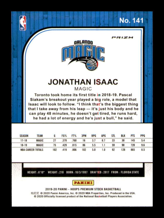 2019-20 Panini Hoops Premium Stock Silver Prizm Jonathan Isaac