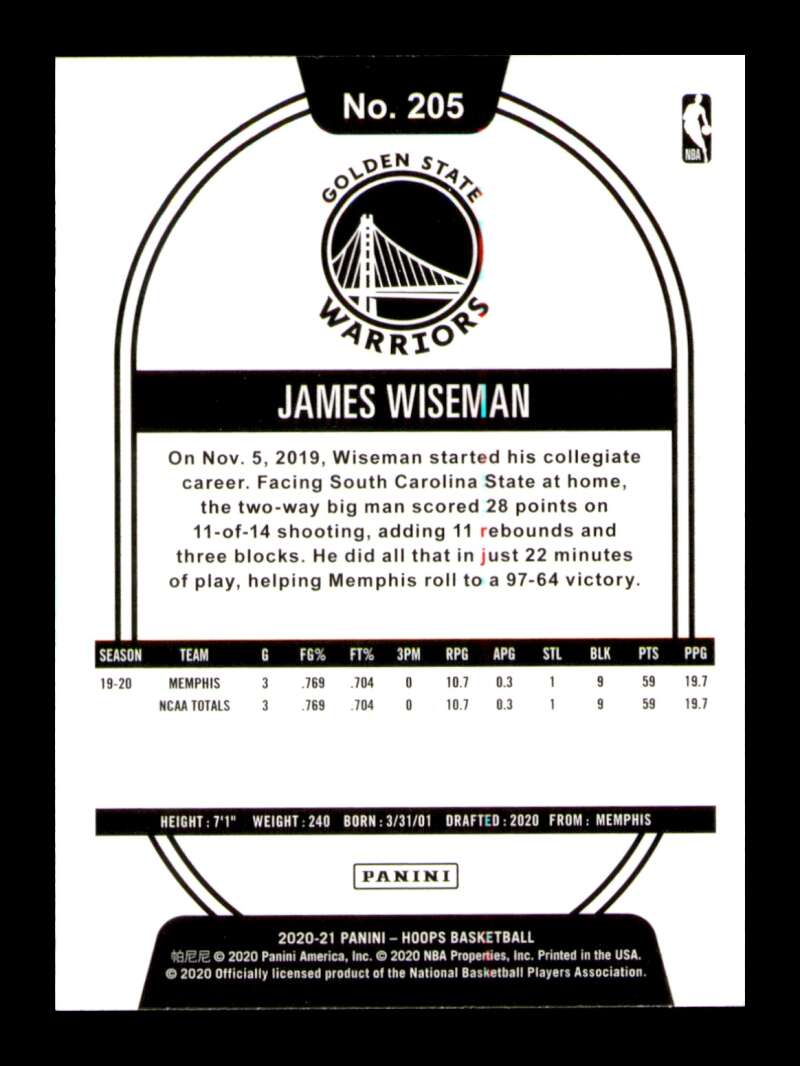 Load image into Gallery viewer, 2020-21 Panini Hoops James Wiseman #205 Rookie RC Image 2
