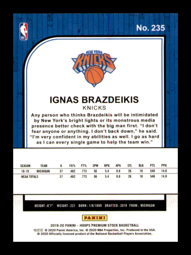 Load image into Gallery viewer, 2019-20 Panini Hoops Premium Stock Ignas Brazdeikis #235 Rookie RC Image 2
