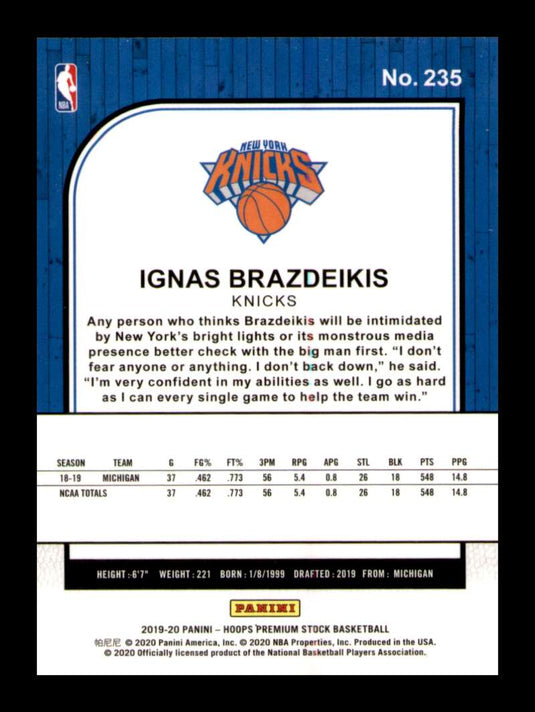 2019-20 Panini Hoops Premium Stock Ignas Brazdeikis 