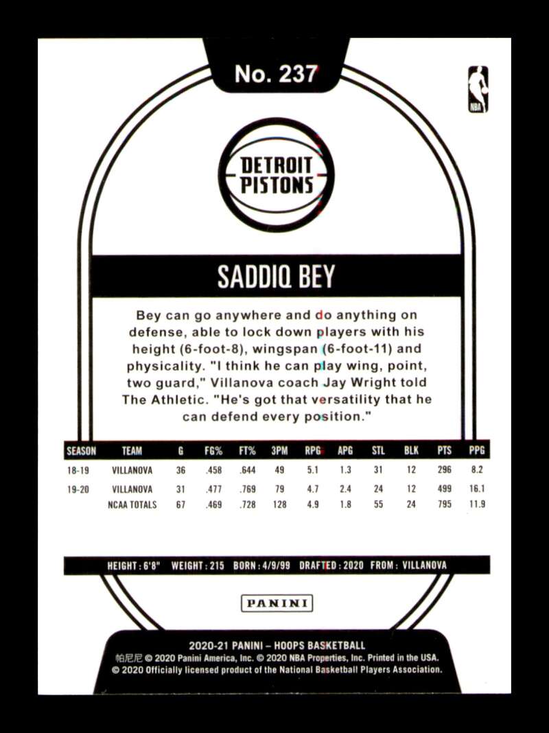 Load image into Gallery viewer, 2020-21 Panini Hoops Saddiq Bey #237 Rookie RC Image 2
