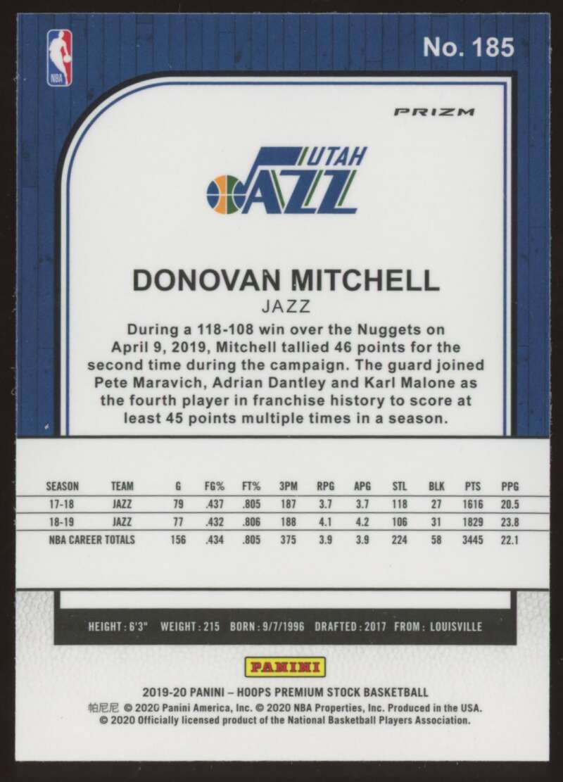 Load image into Gallery viewer, 2019-20 Panini Hoops Premium Stock Silver Prizm Donovan Mitchell #185 Image 2
