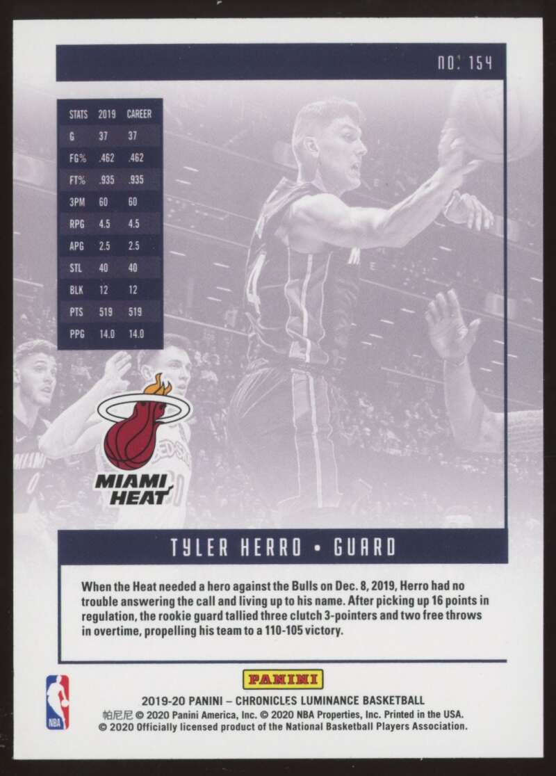 Load image into Gallery viewer, 2019-20 Panini Chronicles Luminance Tyler Herro #154 Rookie RC Image 2
