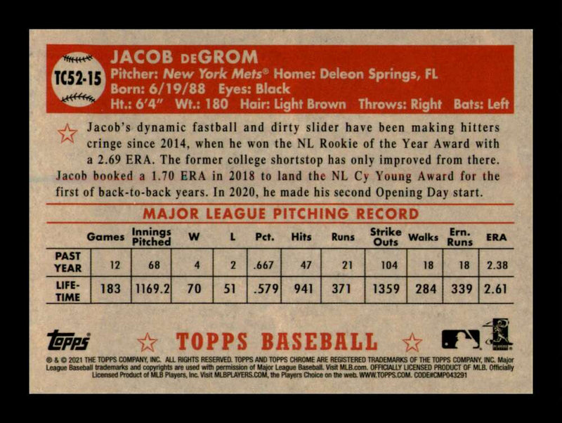 Load image into Gallery viewer, 2021 Topps 1952 Redux Chrome Jacob deGrom #TC52-15 Image 2
