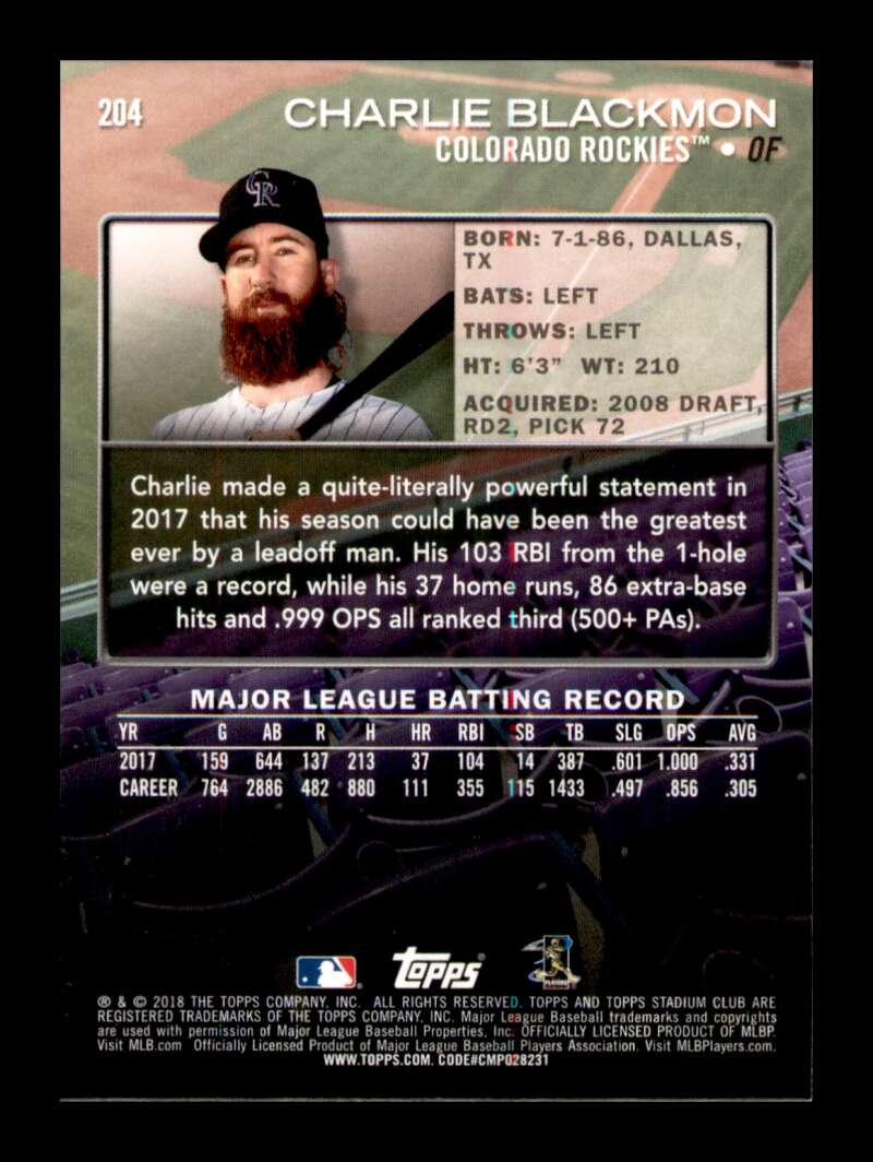 Load image into Gallery viewer, 2018 Topps Stadium Club Red Foil Charlie Blackmon #204 Image 2
