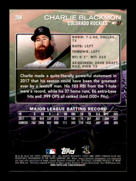 2018 Topps Stadium Club Red Foil Charlie Blackmon 