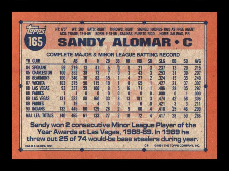 Load image into Gallery viewer, 1991 Topps Sandy Alomar Jr. #165 Gold Cup All Star Image 2
