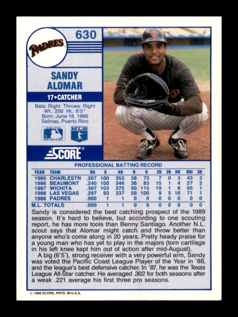 Load image into Gallery viewer, 1989 Score Sandy Alomar #630 Rookie RC Image 2
